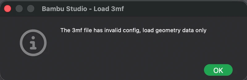 Okno Bambu Studio z komunikatem: The 3mf file has invalid config, load geometry data only