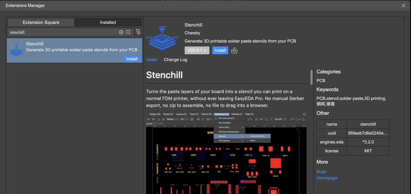 Stenchill dans l'Extension Manager d'EasyEDA Pro, prête à être installée