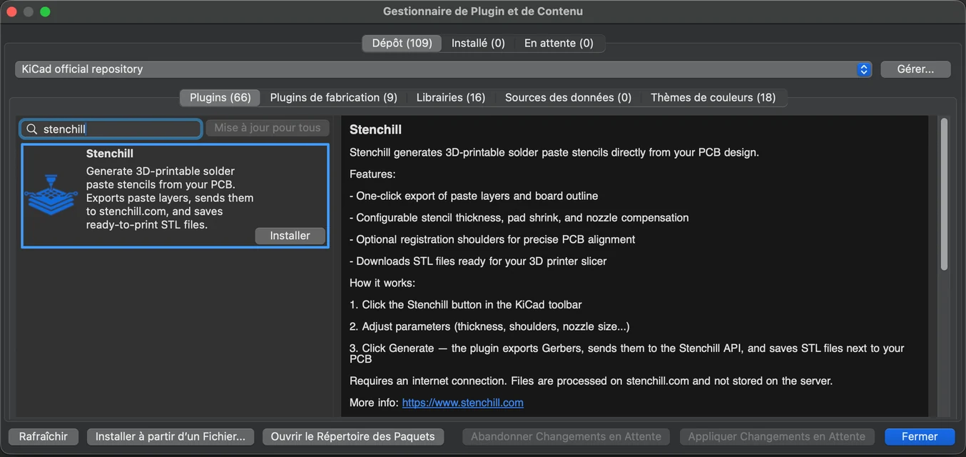 Stenchill w Menedżerze wtyczek i zawartości KiCad, gotowy do instalacji